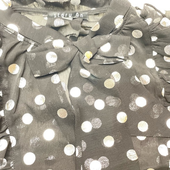 Women Printed Polka Dot Bow Tied Neck Lantern Sheer Long Sleeve Workwear Blouse - Picture 6 of 7